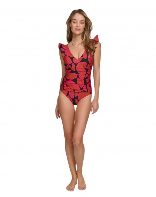 Women's Ruffle Shoulder V Neck One-Piece Swimsuit