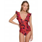 Women's Ruffle Shoulder V Neck One-Piece Swimsuit