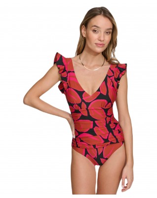 Women's Ruffle Shoulder V Neck One-Piece Swimsuit